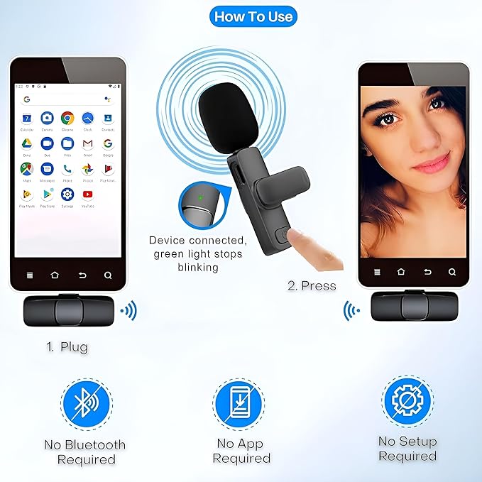 Wireless Microphone for iPhone 15 USB-C Compatible with Samsung s24 & iPhone 15 Series - Wireless Lavalier Microphone for Android - USB C Microphone for Video Recording and Tiktok (2 in 1)