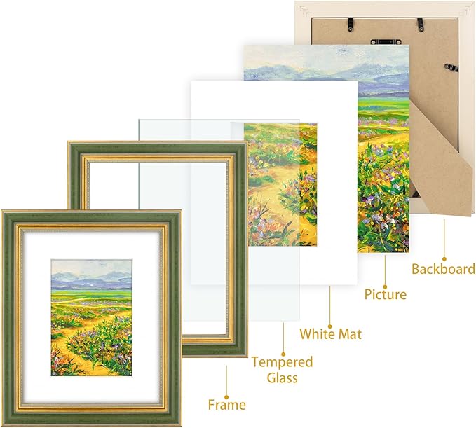Golden State Art,8x10 Ornate Picture Frame for 5x7 Photo with Mat or 8 x 10 Prints Without Mat, Real Glass Wall & Tabletop Display Horizontally or Vertically (Color:Green Gold)