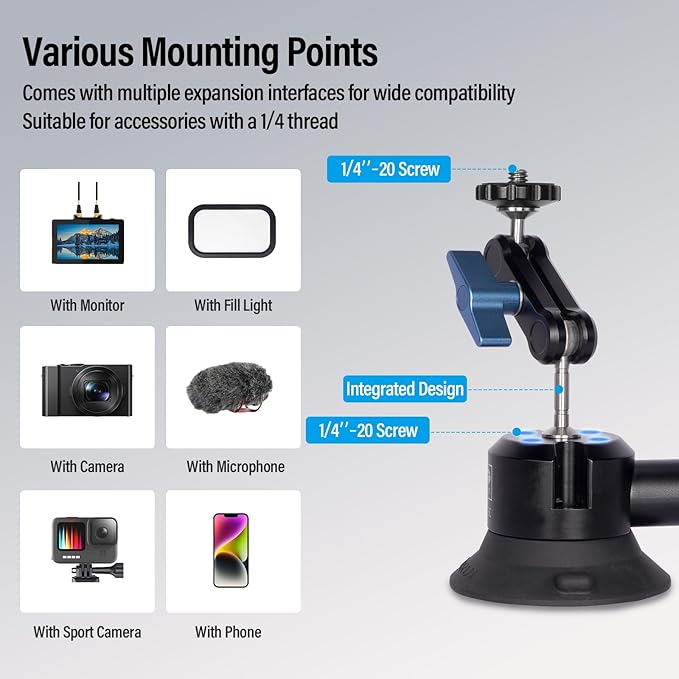SIRUI Suction Cup Mount for Camera and Phone, Air Pump Vacuum Suction Cup with Magic Arm, Phone Holder, 360°Rotating Double Head Windshield Window Mount for GoPro, for Insta360, for DJI Action, MA-SC