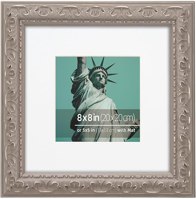 8x8 inch Distressed Wood Embossed Scroll Motif Vintage Antique Rustic Picture Frame, White Mat for 5x5 in Photo, Art Print Drawing, Wall Hanging or Desktop Display- Grey