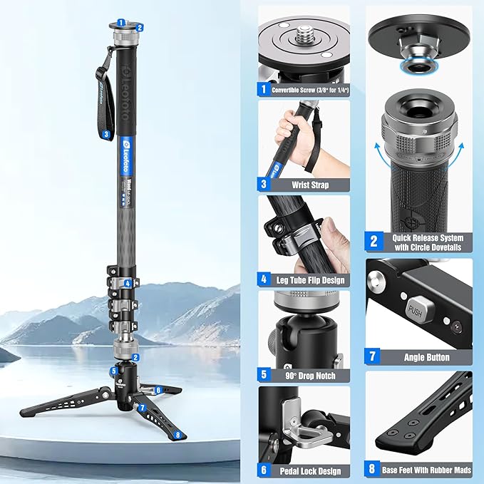 LEOFOTO Carbon Fiber Monopod with Pedal, 75.59" Portable Travel Monopod with Feet for Camera, Max Load 11.02LB/5KG, Compatible with Sony/Canon/Nikon/DSLR (MF-324CL)