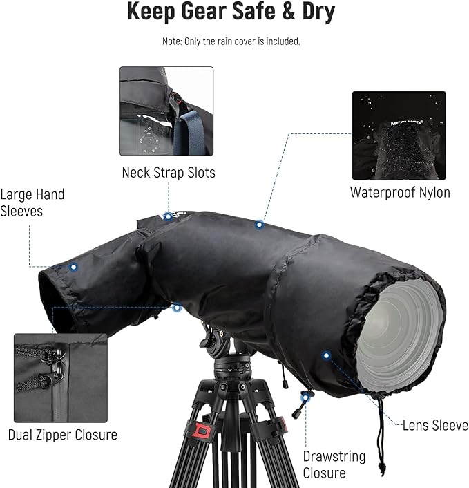 NEEWER Camera Rain Cover, Large Size Durable Nylon Raincoat Compatible with Canon Sony Nikon DSLR Mirrorless Vlog Camera & Lenses 300/400/500/600/800mm, with Sleeves/Drawstrings/Viewing Window, PB004
