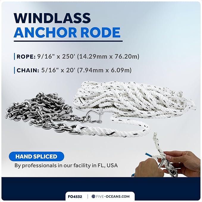 Five Oceans Windlass Anchor Rode, Hand-Spliced Anchor Rope and Chain Combination Kit, Nylon 3-Strand Rope, HT G4 Stainless Steel Chain for Boat Anchor System - Multiple Sizes