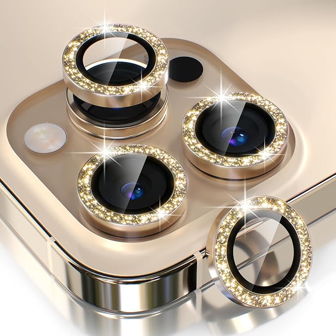 Choiche Compatible for iPhone 13 Pro/iPhone 13 Pro Max Camera Lens Protector Bling, 9H Tempered Glass Camera Cover Screen Protector Metal Ring Decoration Accessories (Glitter-Gold)