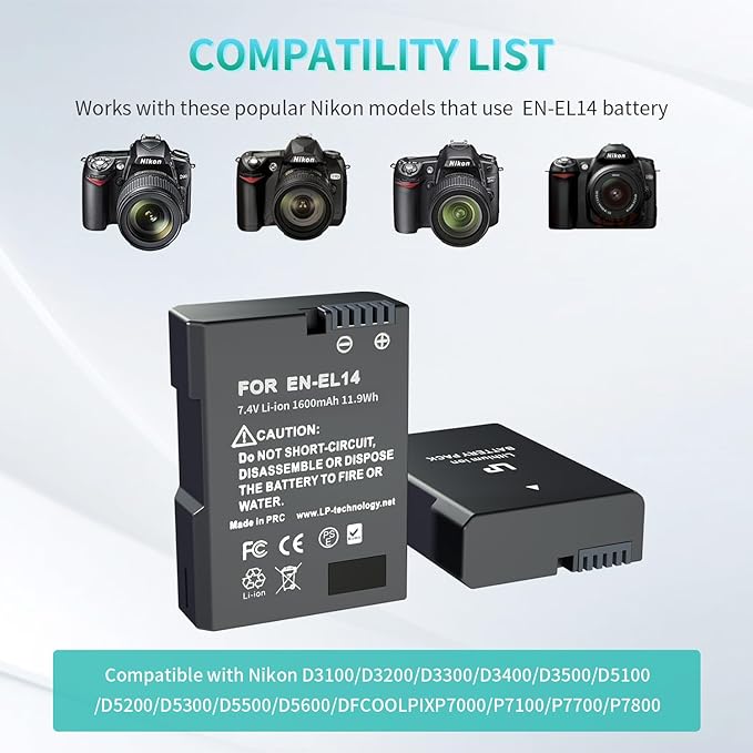 LP EN-EL14 Battery Pack, 2-Pack EN EL14a 1600mAh Battery, Compatible with Nikon D3100 D3200 D3300 D3400 D3500 D5100 D5200 D5300 D5500 D5600 DF, Coolpix P7000 P7100 P7700 P7800 Cameras and More