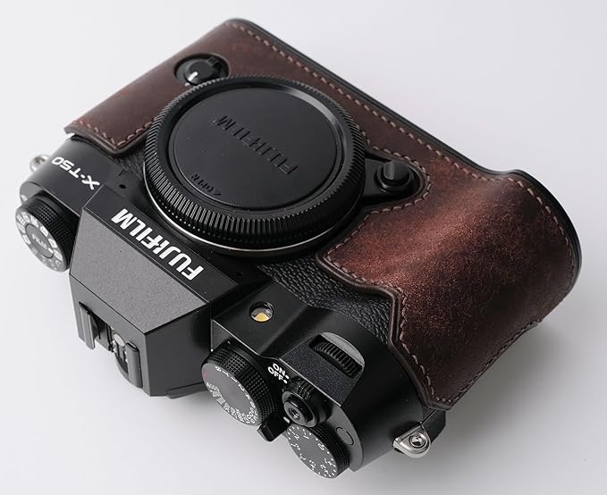 Handmade Genuine Leather Camera Half Case for Fujifilm X-T50 - Top Layer Cowhide Body + Metal Base Plate - Hand Shank Free Design (Dark Brown)