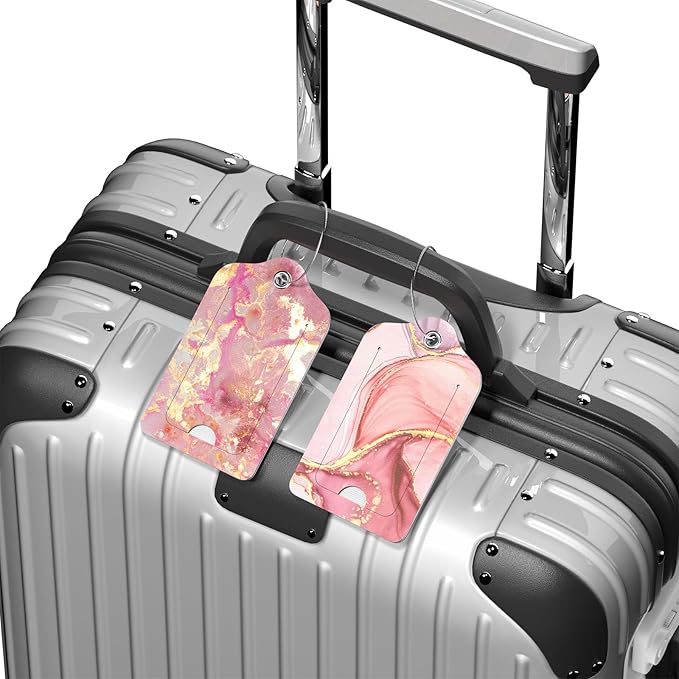 2 Pack PU Leather Luggage Tags for Suitcase, Travel Cruise Luggage Tag with Privacy Flap, Name ID Label and Metal Loop for Women Men Baggage Handbag School Bag Backpack, Pink Marble