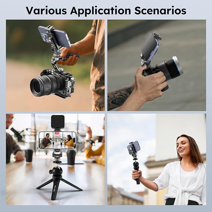 Sirui Metal Phone Holder with Cold Shoe Base for Camera Mount, Universal Tripod Smartphone Clamp with 3 Cold Shoes, Adjustable Cellphone Tripod Mount for iPhone 16 15 14, etc. Gunmetal, AM-PH01