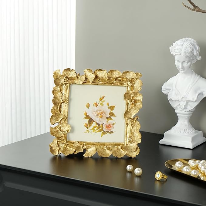 Cuspin 5x5 Picture Frame Vintage Gold Frames, Gold Ornate Leaf Textured Hand-Crafted Resin with Glass Front, Antique Square Photo Frame for Tabletop Display, Retro Design Home Decor