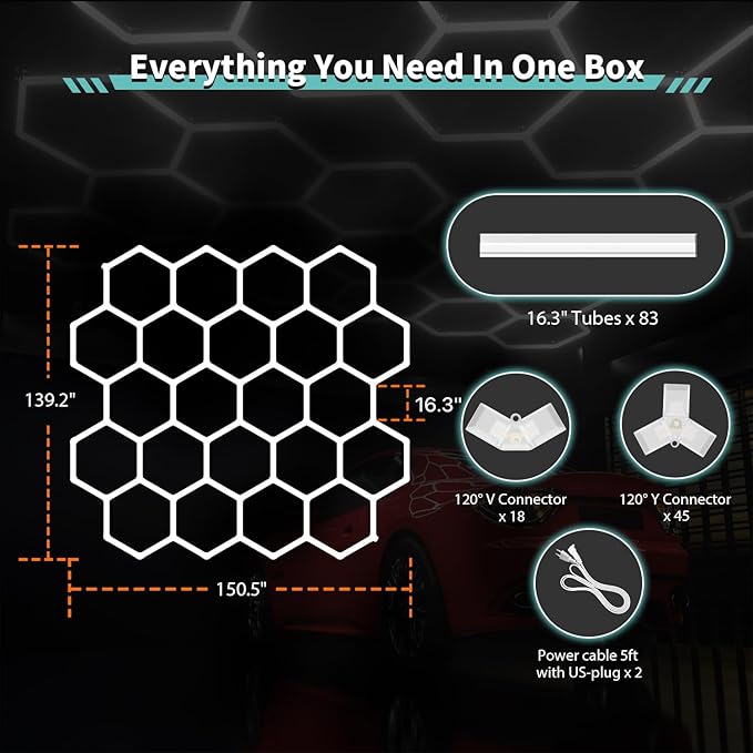 Hexagon Garage Lights: 581W 83 Pack 22 Grids LED Garage Lights - Easy Install 6500K Super Bright Honeycomb Light for Warehouse, Car Detailing Shop, Exhibition Hall, Gym