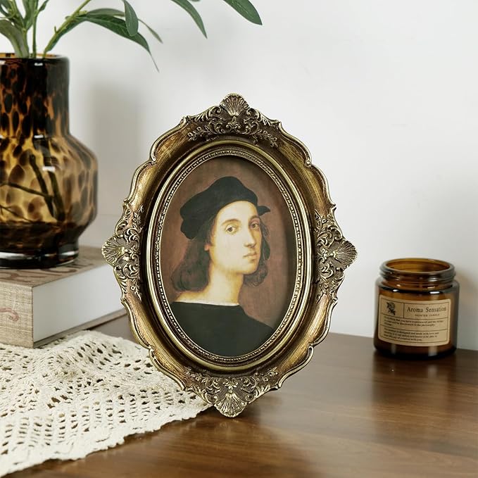 Cuspin 4x6 Vintage Picture Frame Gold Frames, Bronze Gold 4 by 6 Picture Frame Hand-Crafted Resin with Glass Front, Ornate Retro Oval Photo Frame for Wall Hanging and Tabletop Display