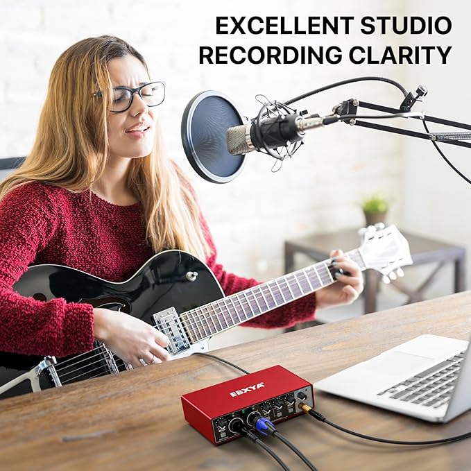 EBXYA 2x2 Audio Interface for Recording Music, 24-bit/192kHz Plug and Play USB Interface for PC and Mac, Studio, Guitar, Podcast, Streaming(Metallic Red)
