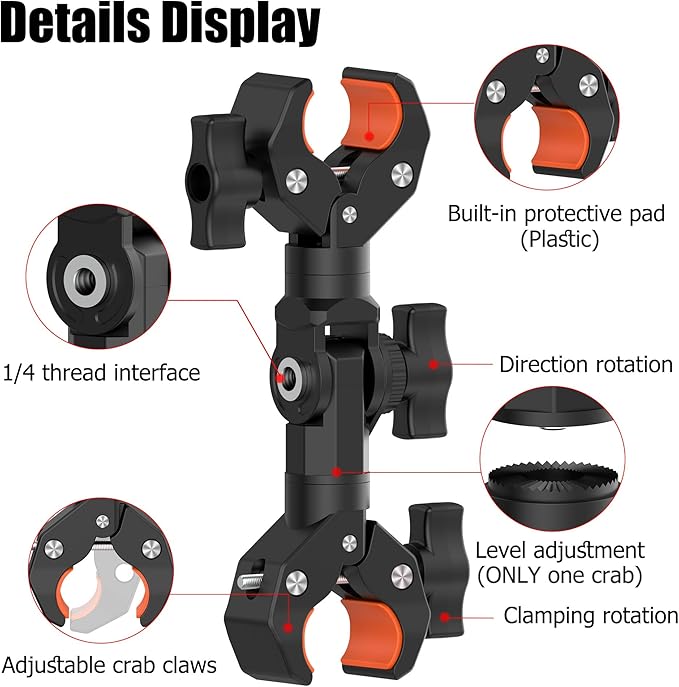 Double Clamp Mount Bracket Magic Arm with 1/4" Screw Interface, Double Super Camera Umbrella Clamp for Chair, Strollers, Photo Studio Light Stand, Motorcycle, Poles, Photography Reflector, Flag