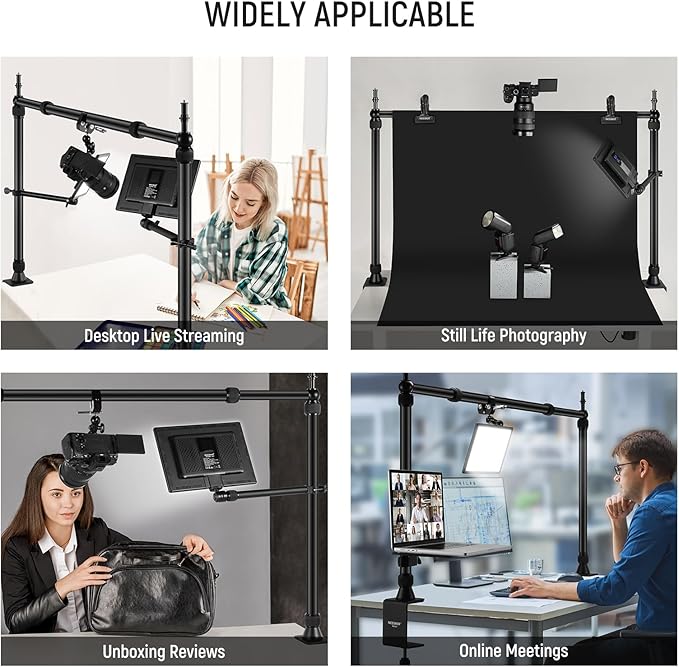 NEEWER Overhead Camera Mount Rig with 2 Ball Heads, Super Clamp/Mobile Phone Holder/Camera Desk Mount, Multi Device Mount, Platform Overhead Tripod, Adjustable Height Width, Max Load 12 kg, NK002