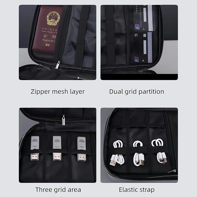 Electronics Organizer Travel Case,Cord Organizer Travel, Double-Layer Cable Organizer Bag, Tech Pouch Accessories Carry Storage For Phone, Cables, Airpods, USB, Sd Card,Essentials (Black)