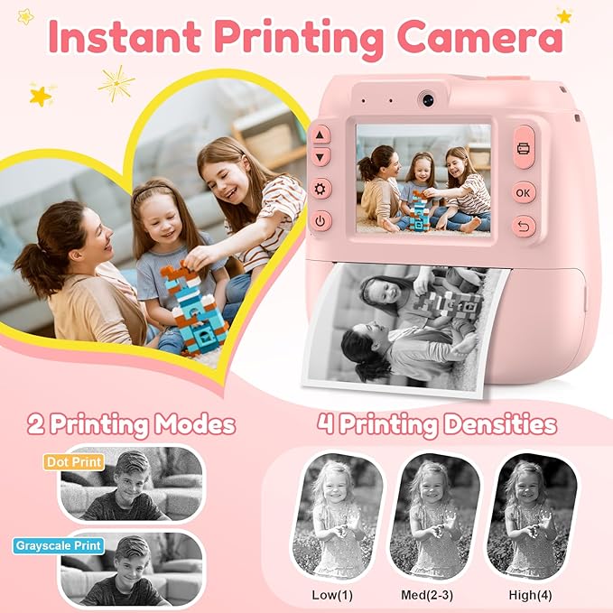Kids Camera Instant Print, Kids Instant Camera with 1080P Videos, Christmas Birthday Gifts for Girls Boys Age 3-12, Portable Toddler Travel Digital Print Toy for 3 4 5 6 7 8 9 10 11 12 Year Old, Pink