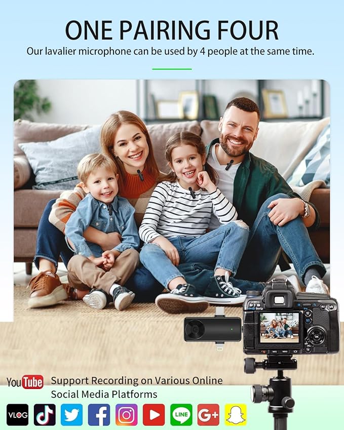 Wireless Lavalier Microphones Compatible for iPhone, Android Phone, Camera, Computer, Professional Wireless Mini Microphone for Video Recording, Vlog, YouTube, TikTok (4 Mics)