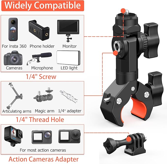 Bike Motorcycle Handlebar Camera Clamp Mount for Gopro Insta360 X5 X4 X3 X2 ONE RS R Mevo Start DJI Action Cameras, Super Clamp Bracket with 1/4" Thread Interface Magic Arm for Moto/Bicycle/Pole