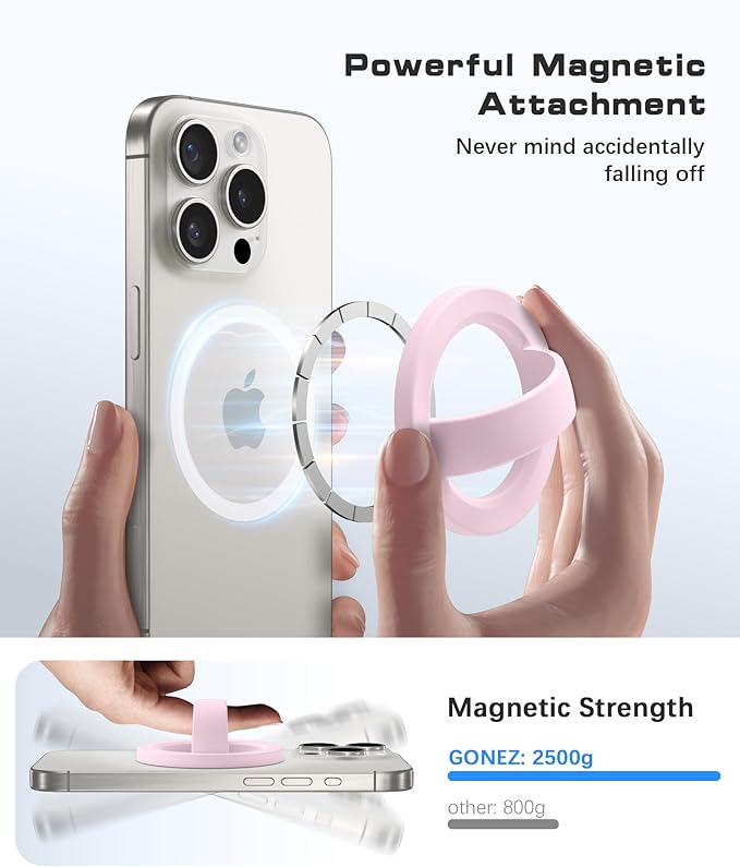 GONEZ Magnetic Phone Grip Compatible with MagSafe, Removable Silicone Loop Grip, Phone Ring Holder for Back of Phone for iPhone 17/16/15/14/13/12 Series, Pastel Pink