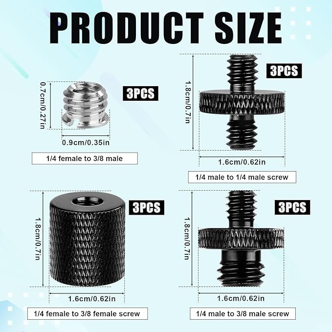 12pcs Mic Stand Adapter, Mic Thread Adapters 1/4 Female to 3/8 Male & 1/4 Male to 1/4 Male & 1/4 Male to 3/8 Male & 1/4 Female to 3/8 Female Screw Adapter for Microphone Boom Arm Camera Tripod