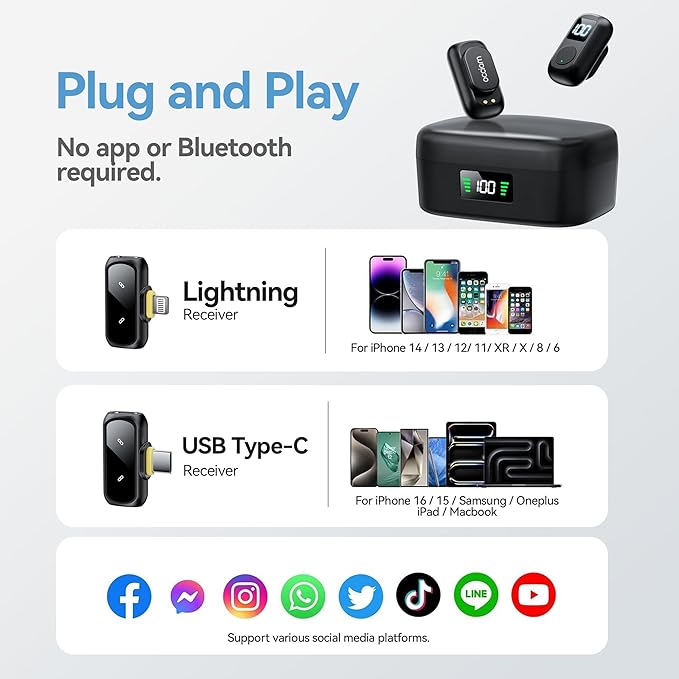 occiam Mini Lavalier Microphone for iPhone & Android Wireless Microphones Noise Reduction Magnetic Mini Lapel Mic with 54H Charging Case for YouTube Podcast Tiktok Vlogging Video Recording Black