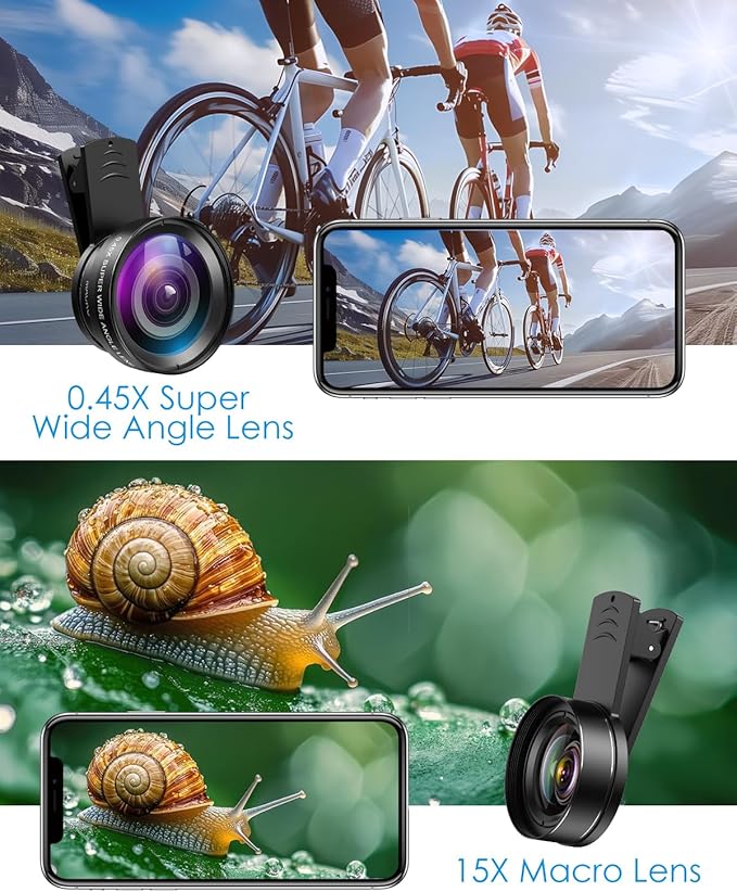 AMIR Phone Camera Lens, 0.45X Super Wide Angle Lens for iPhone Lens Kit, 15X Macro Clip-On 2 in 1 Professional Lens Kit for iPhone, Samsung, Google and Most of Android