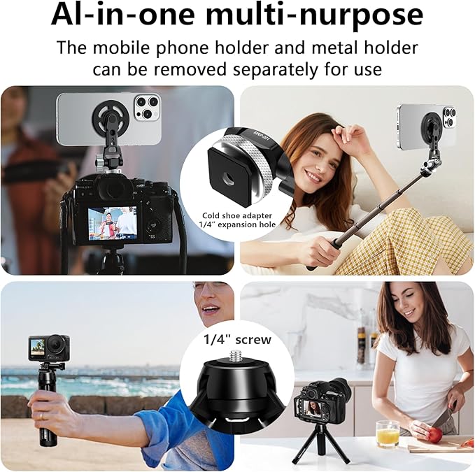 Aluminum Magnetic Stand Mount with Cold Shoe Mount for iPhone,Adjustable Rotable Cellphone Tripod Stand Holder for iPhone,Camera Monitoring.