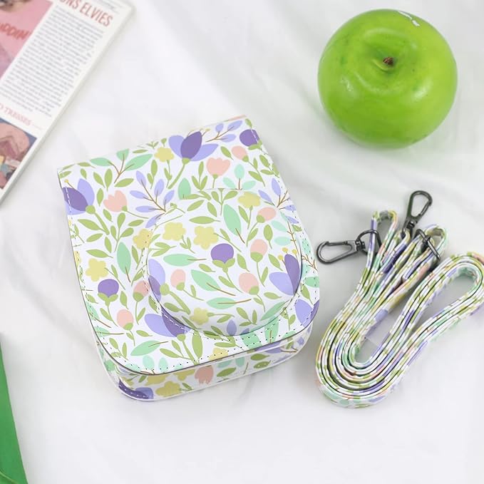 Frankmate PU Leather Camera Case Compatible with Fujifilm Instax Mini 11 12 Instant Camera with Adjustable Strap and Pocket (Flowers Green)