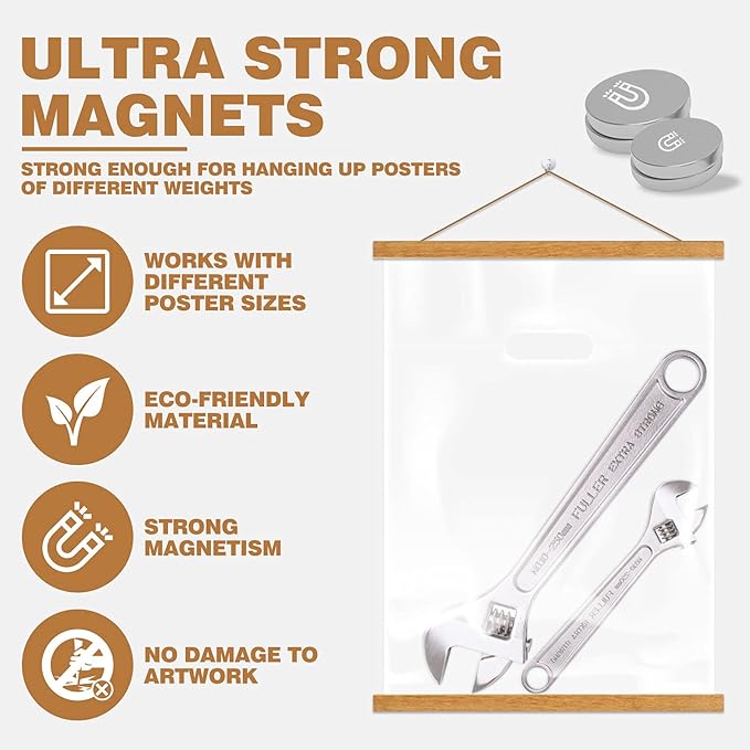 Ywlake Magnetic Poster Hanger, 8x10 8x20 8x11 Poster Frame Wood Wooden Magnet Print Posters Dowel Scroll Hanger Hangers Hanging Kit for Walls Map Canvas Artwork (Teak Wood, 8")
