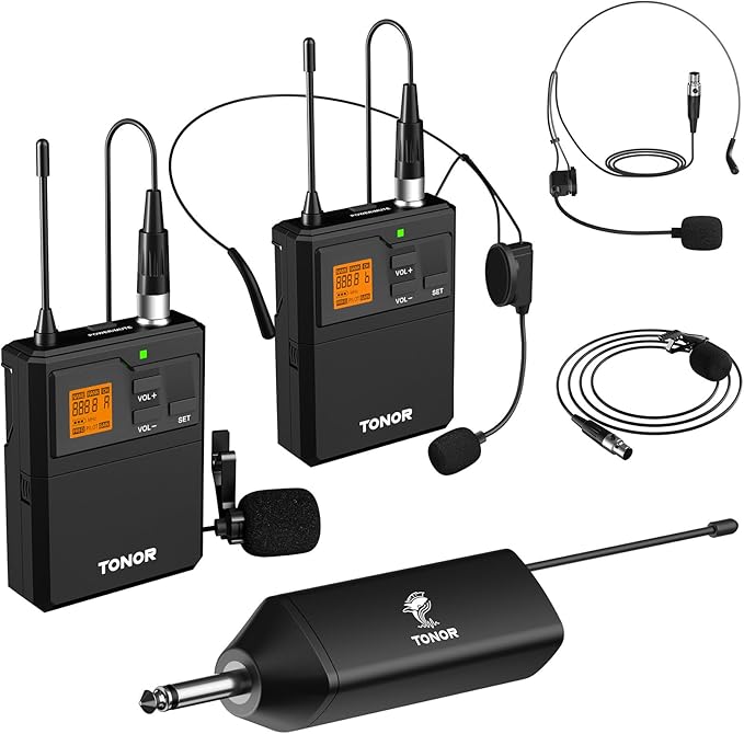 TONOR UHF Wireless Microphone System with Headset Lavalier Lapel Mic, Bodypack Transmitter, Rechargeable Receiver, 2 * 15 Channels 60 m/200ft Range 1/4" Output for Recording, 2 Bodypack Mics