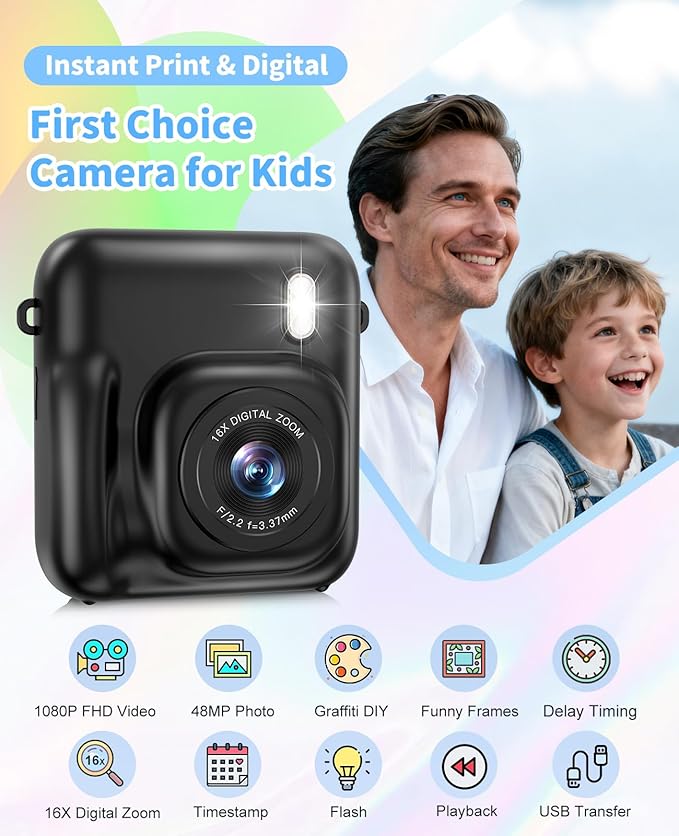 Kids Camera Instant Print, 48MP Dual-Lens Digital Camera for Girls Boys Christmas Birthday Gifts, 1080P Video Selfie Instant Cameras, Portable Toddler for 4-12 Years with 32GB Card-Black