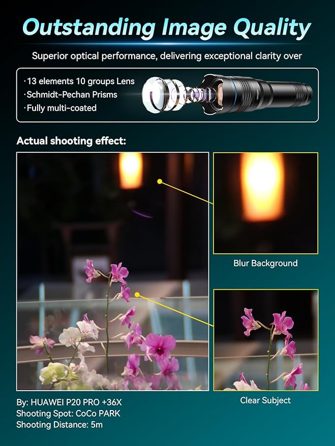 APEXEL 36x Telephoto Lens Compatible with iPhone 17 | Photography for Travel, Birdwatching, Exploration | Kit with Sturdy Metal Tripod and Threaded Phone Case