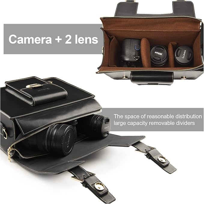 Cwatcun Leather Camera Bag Compact Shoulder Bag for Women, Vintage Sling Case Crossbody, Travel Photography Backpack for Canon, Nikon, Sony, Fuji DSLR/SLR/Mirrorless Cameras, Lens Accessories