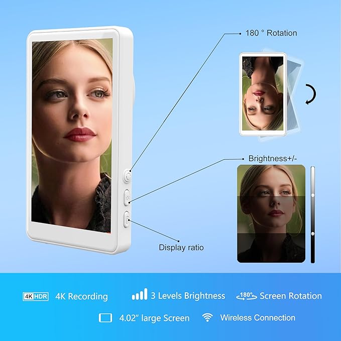 Vlog Selfie Monitor Screen for iPhone & Android,1080P Wireless Recording Magnetic Back Camera Selfie Monitor with Bluetooth Remote Control, Rear Camera Screen for YouTube TikTok live streaming