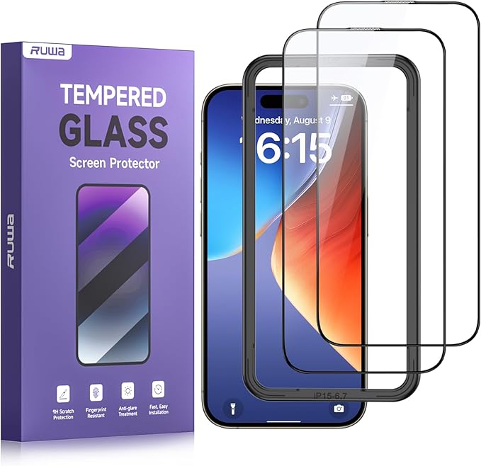 ruwa Screen Protector for iPhone 15 Plus and iPhone 16 Plus [6.7 Inch][2-Pack] Tempered Glass with Easy Installation Frame, HD Clear,Anti-Scratch,Full Coverage