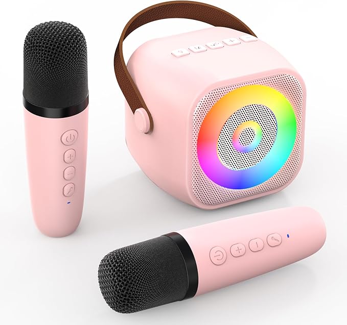 Mini Karaoke Machine, Portable Bluetooth Karaoke Speaker with 2 Wireless Microphone and Lights for Kids and Adults, Chritmas Birthday Gifts for Girls Boys 3-12+ Year Old (Pink)