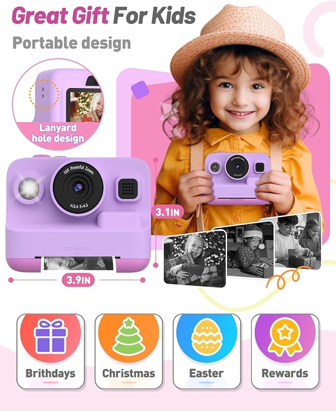 Kids Camera Instant Print, Dual-Lens Front Rear Selfie Camera for Kids, Christmas Birthday Gifts Toys for 3-12 Year Old Boys Girls, 2.4in Screen 1080P Kids Digital Cameras with 32G Card