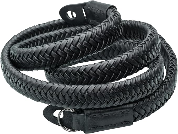 Vi Vante Leather Braided Camera Strap Matador Noir w/Electroplated Rings, Hand-Made 47 inches