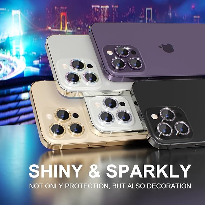 Choiche Compatible for iPhone 14 Pro/iPhone 14 Pro Max Camera Lens Protector Bling, 9H Tempered Glass Camera Cover Screen Protector Metal Ring Decoration Accessories (Glitter-Black)
