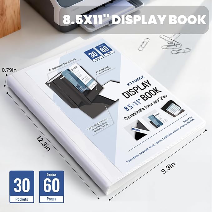 STAGEEK 30-Pocket Portfolio Binder Display 60 Pages, 8.5x11 Binder with Plastic Sleeves, Art Portfolio Folder with Clear Sheet Protectors, Presentation Book for Artwork, Document Organizer