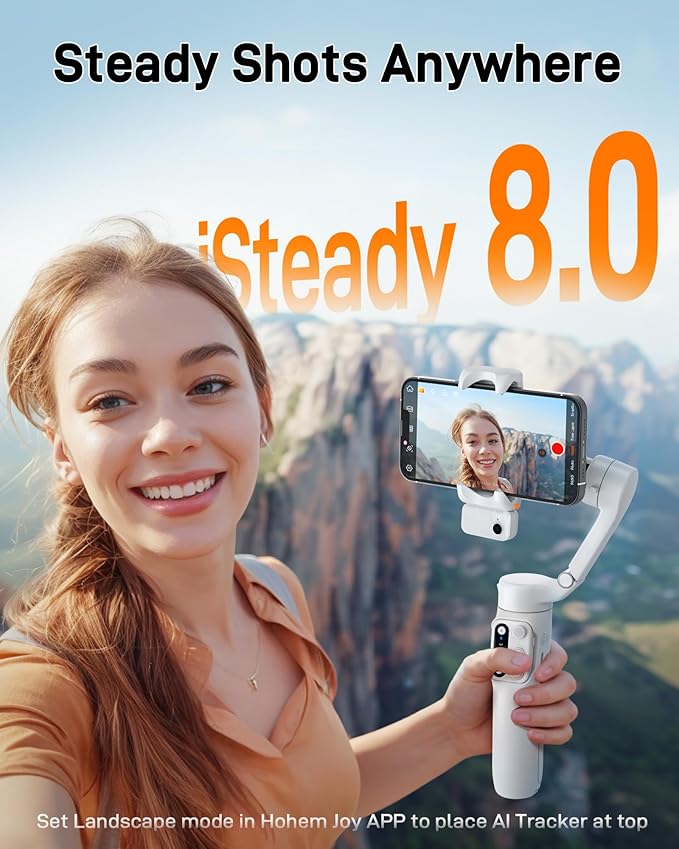 hohem iSteady V3 Gimbal Stabilizer for iPhone, Phone Gimbal with Magnetic AI Tracker, Built-in Extension Rod, Tripod, Fill Light, Phone Stabilizer for Video Recording, YouTube, White