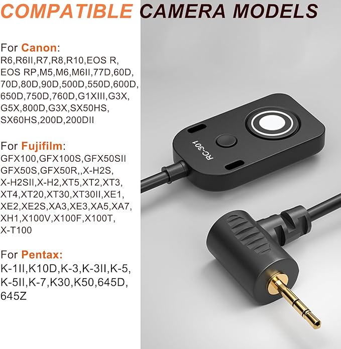 RC301-2.5mm 11.8in RS-60E3 Remote Switch Shutter Release Cord for Canon EOS Rebel T6 T7 T5 EOS R50V R6 Mark III II R6 R7 R8 R10 R100 RP T8i T7i T6s T6i T5i T4i SL3 SL2 90D 80D 70D 77D M5 M6