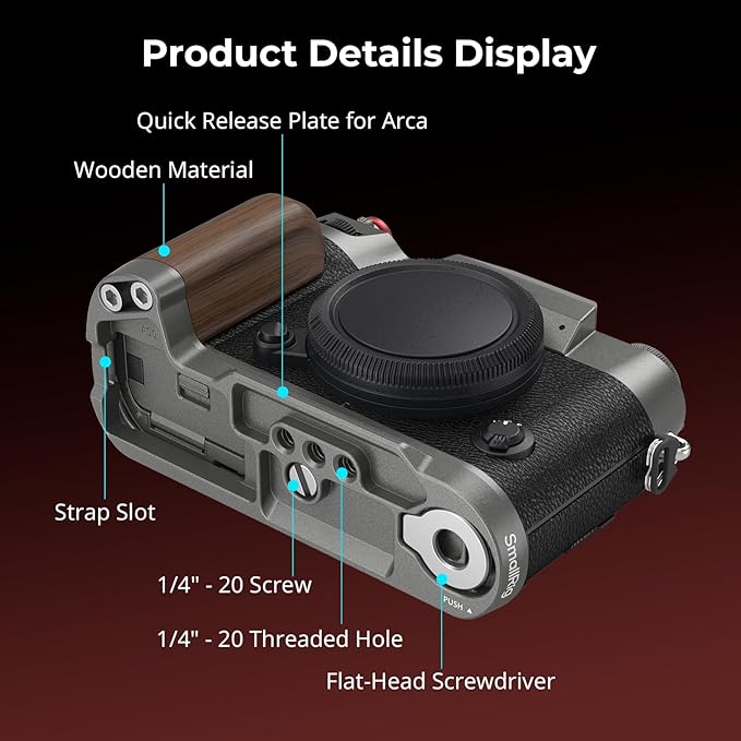 SMALLRIG X-T50 Handgrip, Wooden L-Shape Grip for FUJIFILM X-T50 Camera, Built-in Quick Release Plate for Arca, with Shutter Button and Hot Shoe Cover, Charcoal Silver - 4736