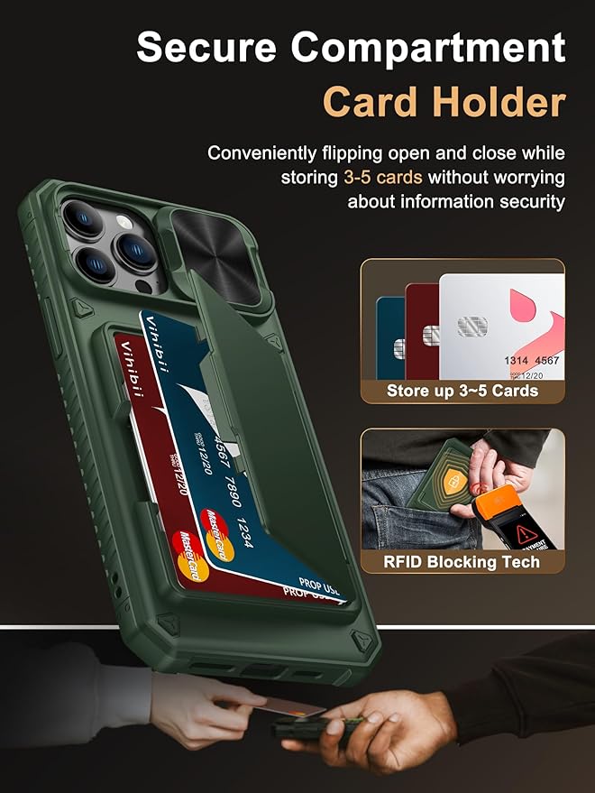 Vihibii for iPhone 13 Pro Max/iPhone 12 Pro Max Wallet Case, Built-in Card Holder (4 Cards), [RFID Blocking] & Slide Camera Cover, Military Grade Drop Protection, Silicone Soft Edge Phone Case, Green