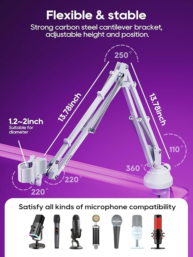 M05 Boom Arm, 360° Rotatable Microphone Stand with Desk Mount (White M06 (Overhead))