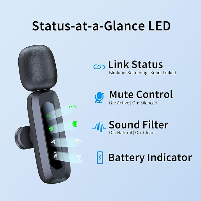 Microphone for iPhone 15-16-17, mini mic Wireless mic with Noise Reduction,mini Microphone LED Display -Wireless Microphones Ideal for Vlog, TikTok & Content Creation