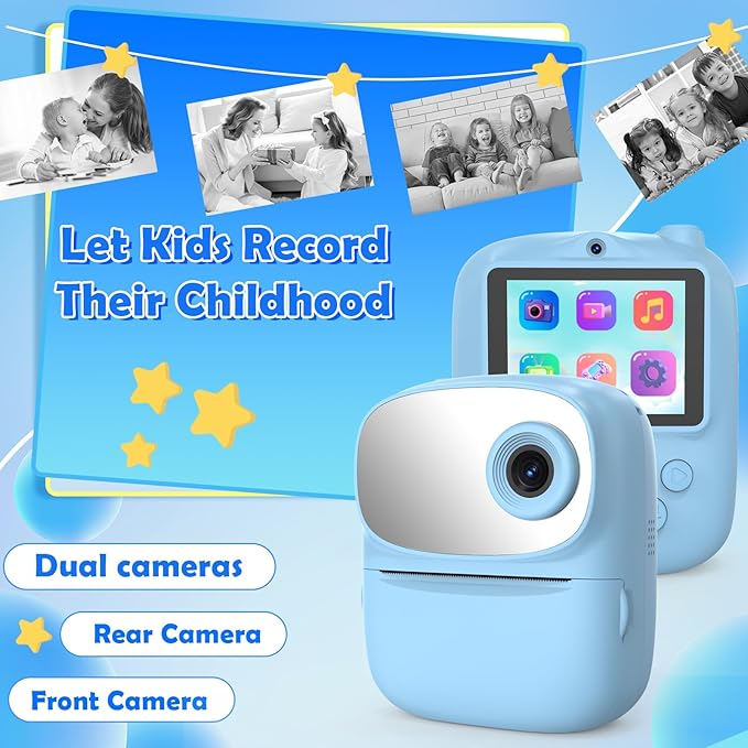 Kids Camera Instant Print for Kids, Kid Camera Instant with Mirror, HD Dual-Lens Selfie Digital Camera with 3 Rolls Print Paper & 32GB Card, Holiday Birthday Gifts Toys for Girls Boys Toddler.（Blue