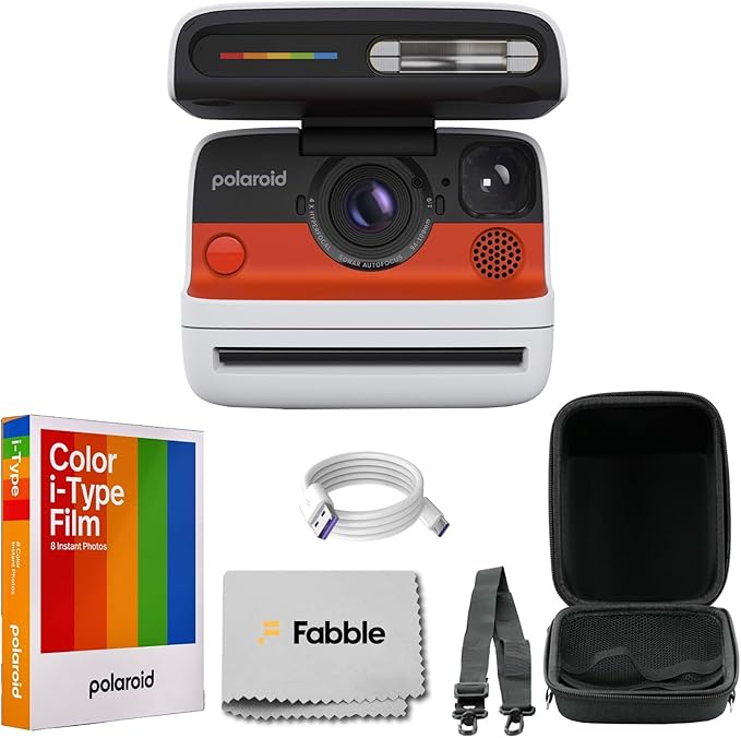 Polaroid Flip Instant Camera White Bundle with Color i-Type Film (8 Photos), Hard Protective Case, 6ft USB Type-C Cable, and Grey Microfiber Cleaning Cloth