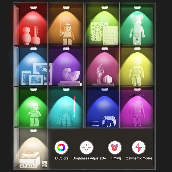 Rechargeable RGB Puck Lights,13 Colors Changeable LED Puck Lightings Remote Controls,6Pack LED Under Cabinet Counter Lighting,Battery Operated Tap Lights,Dimmable Wireless Closet lights for Kitchen