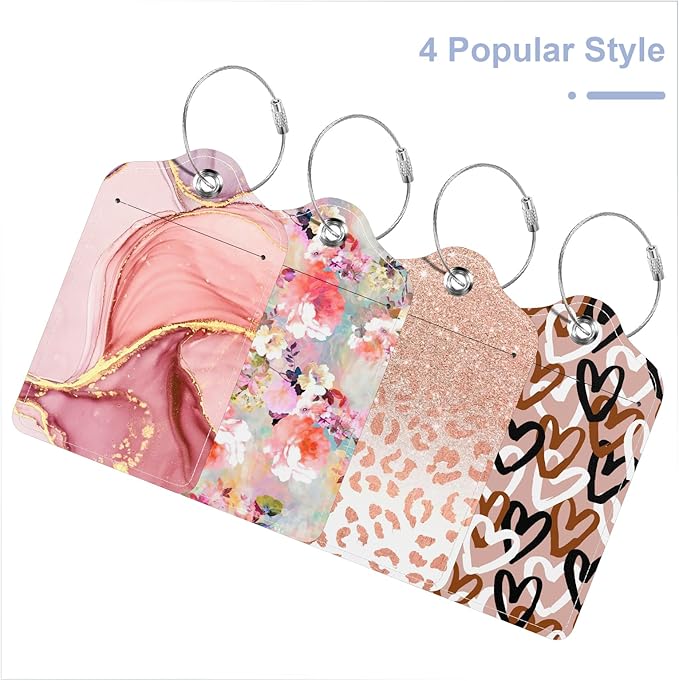 4 Pack PU Leather Luggage Tags for Suitcase, Travel Cruise Luggage Tag with Privacy Flap, Name ID Label and Metal Loop for Women Men Baggage Handbag School Bag Backpack, Daisy Flowers